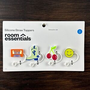 Room Essentials Silicone Straw Toppers 4 Pack Cassette Boot Cherry Smiley New